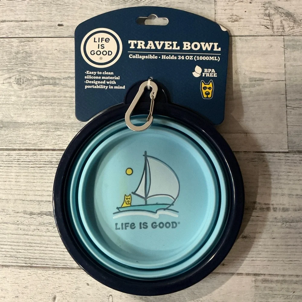 Life is Good Blue Sailboat Collapsible Travel Pet Bowl - 34 oz.